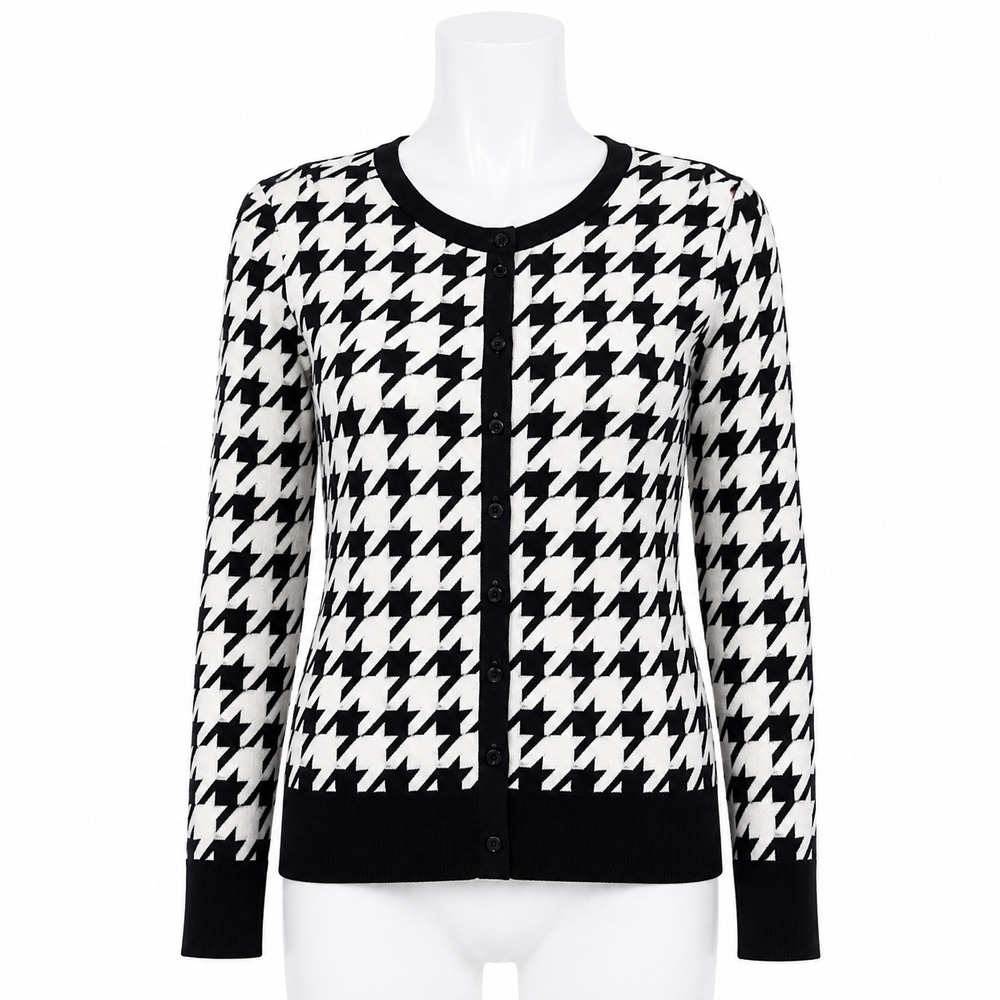 Merona‎ Houndstooth Cardigan Medium Black White Preppy Office Sweater Monochrome